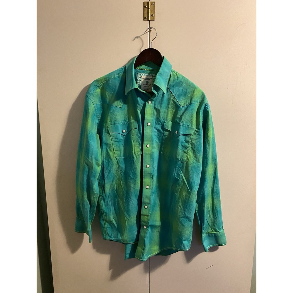 Panhandle Rough Stock Men M Western Shirt Green Turquoise Pearl Snap Plaid LS